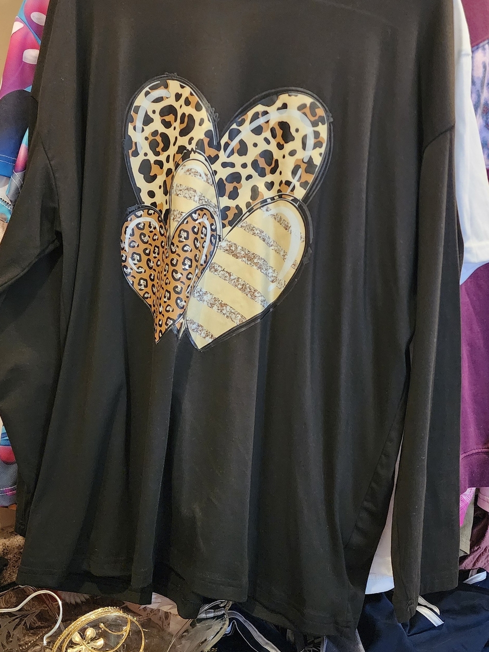Black Long Sleeve Top with Leopard & Striped Heart Design XL New Without Tags